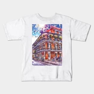 New Orleans Watercolor with Happy Blue Skies and Classic Architecture Kids T-Shirt